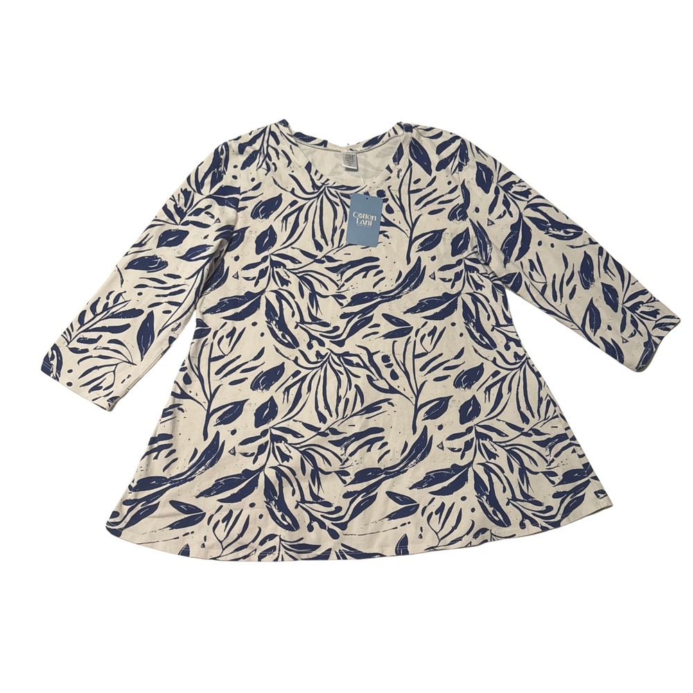 Cotton Lani Womens M Top Navy Blue Cream Botanical Leaf 3/4 Sleeve NEW